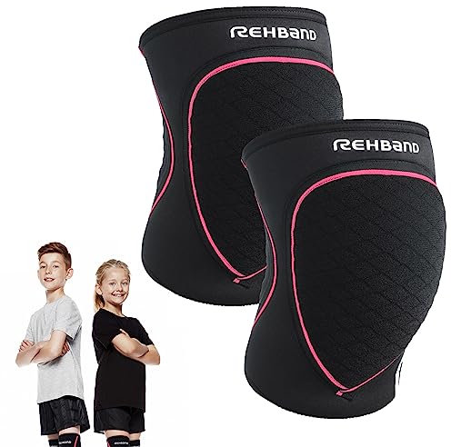 Rehband Knieschoner Kinder, 1 Paar, Kniepolster für Volleyball & Handball - komfortabel & hoher Schutz, Kinder Knieschutz Hallensport, Farbe:Schwarz/Pink, Größe:L, Seite:Paar