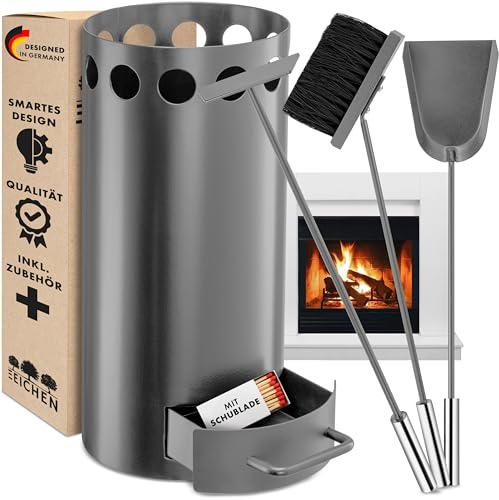 Drei Eichen - Set da camino grigio con cassetto. Set da 3 pezzi con gancio, pala per cenere e scopa. Design moderno. Posate da forno con accessori per stufa. Accessori per stufa.
