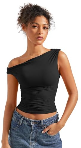 SUUKSESS Women Off Shoulder Tops Sleeveless Shirts Y2K Trendy Going Out Crop Tank Top (Black,S)