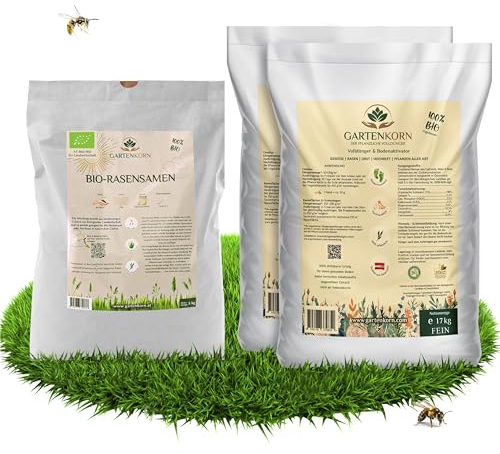 Gartenkorn Bio Rasen Set mit Dünger & Rasensamen für 200m² - Grassamen mit Langzeit Volldünger & Bodenaktivator für Lücken & Rasen Nachsaat, organisch & vegan, unbedenklich für Kinder und Haustiere