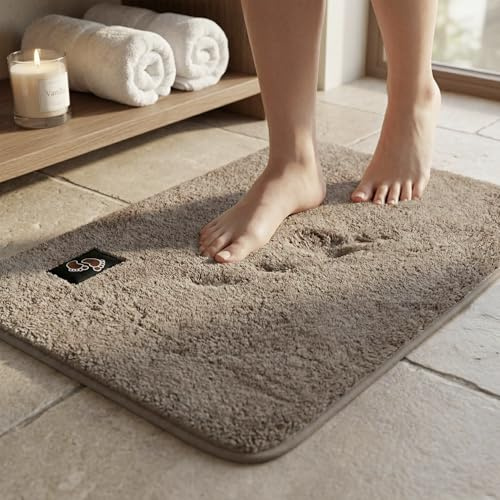 Soft Microfiber Non Slip Mat Shaggy Bathroom Rug, Super Absorbent Machine Washable Bath Mat | Quick Dry Carpet, Great for Bath, Shower, Bedroom, Door Mat, Beige - 50 x 80 cm