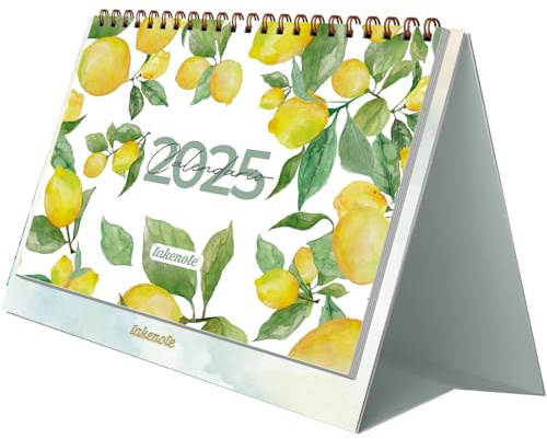 Calendario 2025 Sobremesa - Mensual Enero a Diciembre, Español e Inglés, Tamaño 21,5 x 15,5 cm, Con plannings mensuales y anual, Cierre Anillas Doble Wire’o - Takenote Agatha