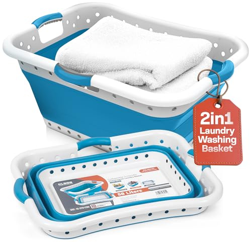 Klass Home Collection 58L Large Collapsible Laundry Baskets Plastic, Pop Up Foldable Washing Basket, Laundry Hamper For Sorting & Drying, Space Saving Folding Wash Bucket Tub (3-Handle, Blue)