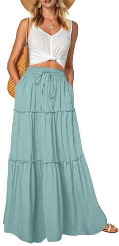 QIXING Boho damkjolar hög midja blommig maxi sommarkjolar trendiga blommiga söta långa kjolar med fickor, C10 Aqua Sea Blue, M