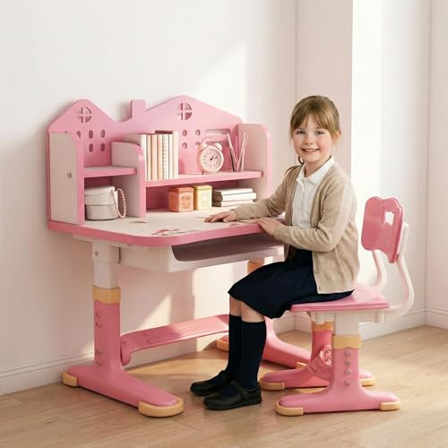 joukares Kids Desk and Chair Set – Children Desk with Storage Drawer, Height Adjustable, Ergonomic, for Girls Ages 3-12 Years, for Studying, Reading, Drawing (Pink)