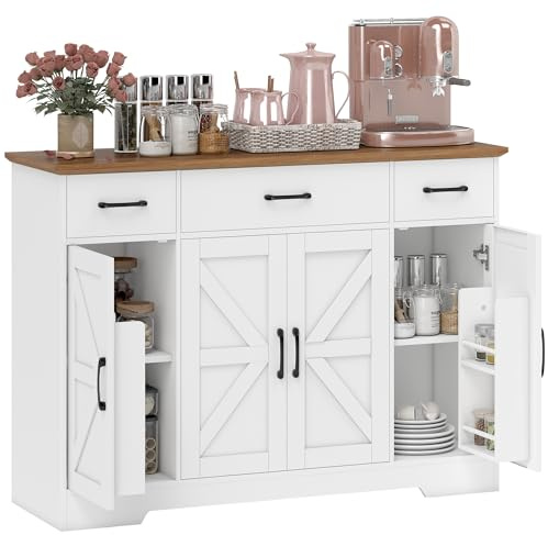 HOMCOM Aparador de Cocina Rústico, Armario de Cocina con 4 Estantes de Puerta, 3 Cajones, Estantes Ajustables, Puerta con Cierre Suave, Mueble de TV para 48-55 Pulgadas, 120x38x87 cm, Blanco y Nogal