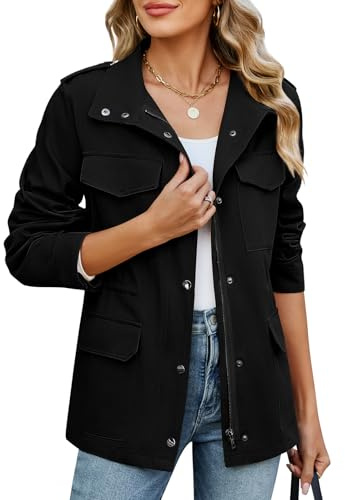 Tuopuda Chaqueta Militar Mujer de Algodón Ligero Primavera Otoño Entretiempo Cazadora Casual Chaqueta Cintura Alta Cordón Parka con Bolsillos(Negro,XL)