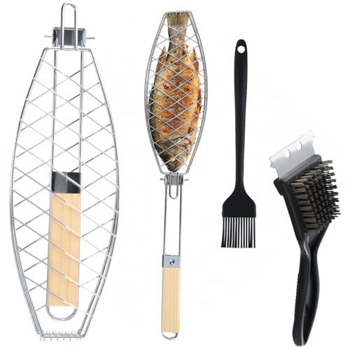 Griglia Barbecue, 35,5x12 cm, Cestello Pesce in Acciaio Inox con Pennello Olio e Spazzola Pulizia, Manico Rimovibile e Pieghevole, Rete Antiaderente, Graticola per Verdure Gamberetti Bistecche Feste