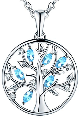 JO WISDOM Collana Albero Della Vita Yggdrasil Argento 925 AAA Zirconia Cubica Marzo Birthstone Colore Acquamarina Donna