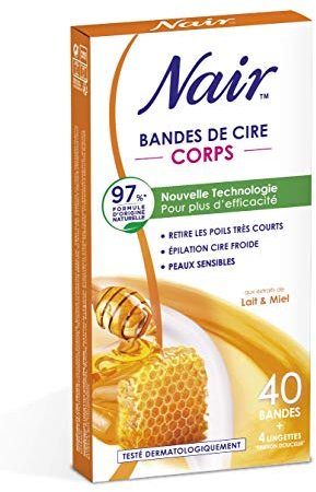 NAIR - Kaltwachsstreifen für den Körper mit Milch & Honigextrakt, 97% natürlicher Herkunft, 40 Streifen + 4 Reinigungstücher Soft Finish