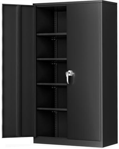 Greenvelly Steel SnapIt Storage Cabinet, 72 Locking Metal Garage Storage Cabinet with 4 Adjustable Shelves, 2 Doors and Lock for File, Office, Garage, Home (Black)