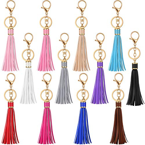 Hicarer 12 Pieces Leather Tassels Keychain Key Rings Circle PU Leather Women Tassel Keychain Bulk Lanyard Key Chain Holder with Lobster