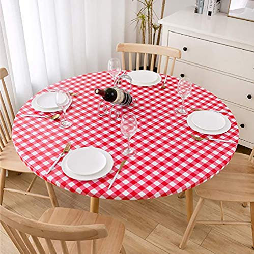 Cozomiz Elastische Runde Tischdecke Gartentischdecke Rundtischdecke wasserdichte rutschfeste Abwischbar Schmutzabweisend Tischdecke für Esszimmer, Küche und Picknick 95cm-110cm Kattun Rot