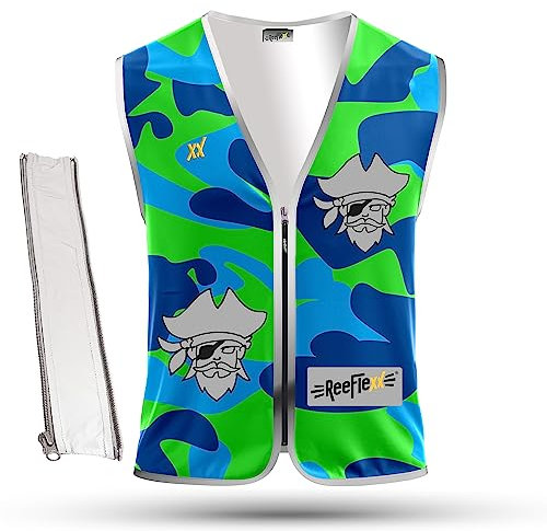 REEFLEXX Fantastico gilet di sicurezza per bambini, con adattatore per taglie, gilet riflettente, maggiore visibilità nel traffico stradale grazie ai riflettori, colori e motivi, Blue Camou Pirate,