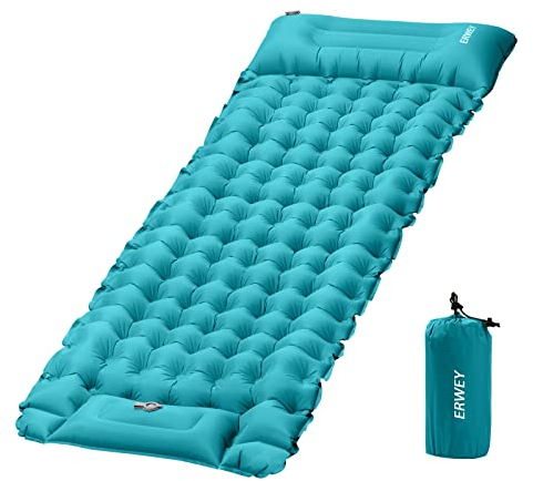 ERWEY Camping Isomatte 200x70 cm Aufblasbare Luftmatratze mit Fußpumpe & Kissen Wasserdicht Isomatte Camping Luftmatratze Aufblasbare Matratze Outdoor für Wandern Strand Zelt, Cyan