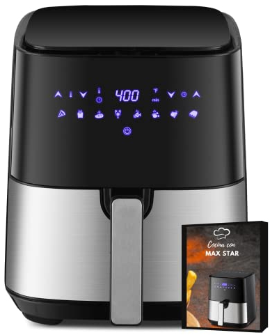 Max Star Freidora de Aire 5L Acero Inoxidable 1450W Digital Tactil Dietetica Aire Caliente 360º 8 Funciones Preestablecidas Horno Incluye Libro de Recetas GRATIS