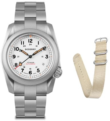 BODERRY Montre Homme Mécanique Automatique de Type Field 40mm Montre Militaire Fonction Jour Date 100M Étanche avec Bracelet en Titane Mouvement Mécanique Japonais et Couronne Vissée—Voyager, blanc
