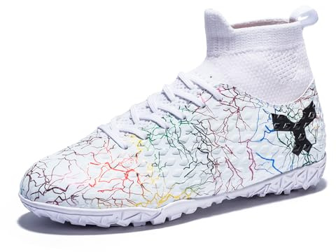 Alekaor Boys Girls Soccer Cleats Kids Football Cleats Youth Soccer Shoes Indoor Turf Soccer Shoes White,5.5
