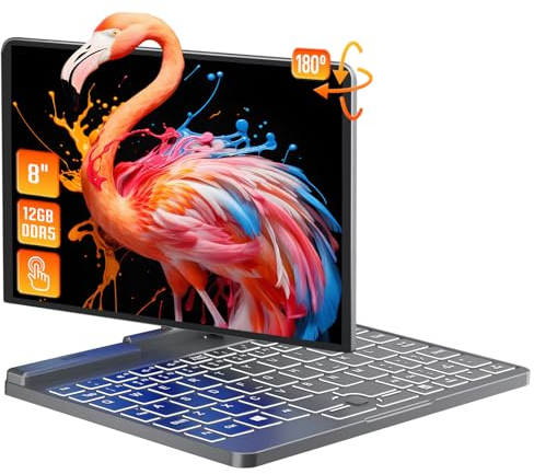 Zyphionix 8 Zoll 2 in 1 Mini-Laptop-Computer Ganzmetall-Touchscreen Windows 11 Notebook-PC, N100 der 12. Generation, 12G DDR5, WiFi 6, Bluetooth 5.2, G-Sensor, 2MP Web, RJ45 (Grau, 12+256G)