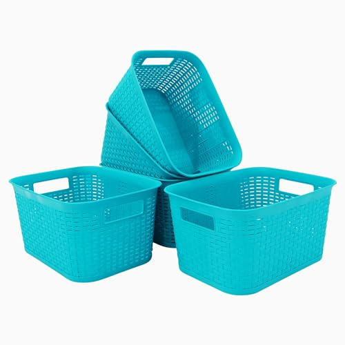 ABBAware 5er Set 9 Liter Aufbewahrungskorb mit Griffen im Rattan-Design, Türkis, der Umwelt zuliebe aus recyclebarem PP
