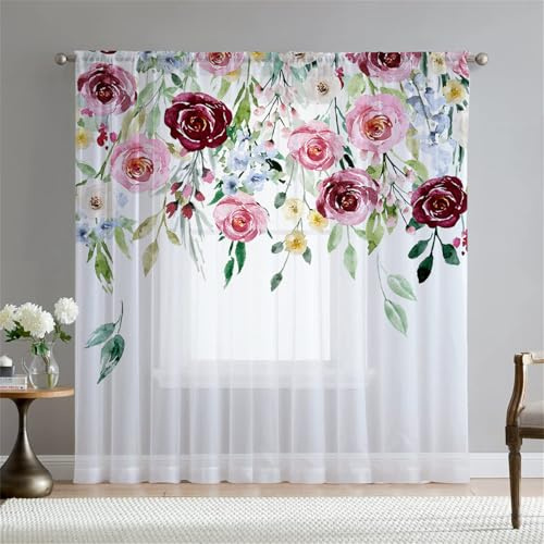 Surwin Translucidas Cortinas Salon, Dormitorio, Cocina - Cortinas y Visillos Estampadas de Estilo Europeo, Visillos Cortos para Ventanas, 2 Piezas Cortina con Ojales (W108xH137cm,Rosa Rosada)