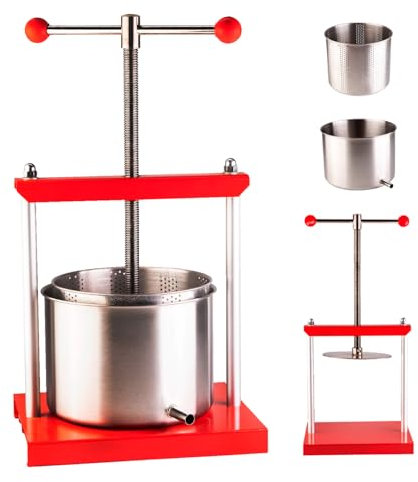 Obstpresse Manuell 5L - Edelstahl Fruchtpresse für Wein, Cider, Säfte & Liköre - Weinpresse Ø20 cm mit emaillierter Basis und Schraubmechanismus