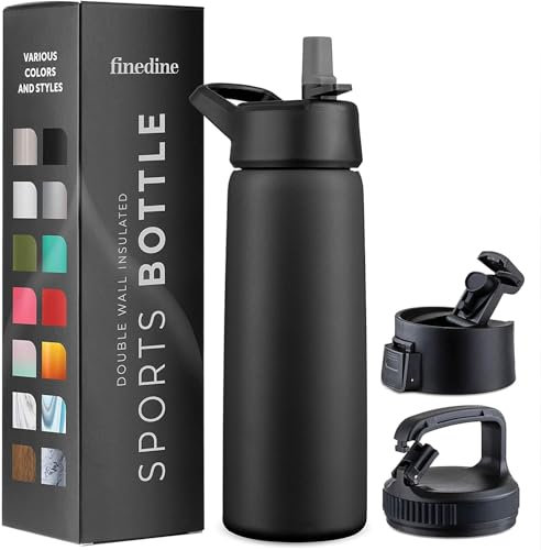 750ml Triple Walled, Insulated Water Bottles with Straw - Stainless Steel Metal Bottle W/ 3 Leak Proof Lids - for Travel, School, Sports, Gym/Men, Women (Inky Raven Black)