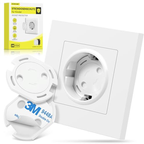 ECHOCUBE Set di 20 Copri Prese, Protezioni di Sicurezza Prese Elettriche per Bimbi con Meccanismo di Rotazione e Nastri Adesivi 3M Resistenti, Copri Prese per Casa, Scuola, Nido, Asilo (Bianco)