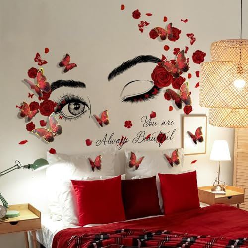 Décalque mural inspirant,Rose Beauté Fille Sticker Mural Visage Yeux avec12pcs 3D Papillon,Sticker mural féminin confiant, Décalcomanies d'art amovibles pour chambre à coucher et salon