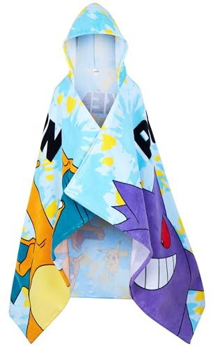 Pokemon Bath Towel with Hood for Kids Teenagers Anime Changing Robe Absorbent Cotton Poncho Towel for Swimming Bath Shower Beach Holiday Essentials (Blue, 6-14 Years)