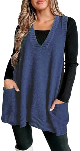 Gilet léger matelassé douillet pour femme - Gilets d'extérieur - Veste avec poches - Pull en tricot décontracté avec col en V - Gilet ample en tricot - Top flatteur - Tunique décontractée - Veste