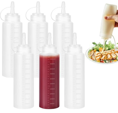 Woobroo 6 Pack Large Plastic Squeeze Bottles, 32oz / 1 Litre Sauce Dispensers With Nozzles & Measurement Labelling - For Condiments, Syrups, Dressings & Craft Use