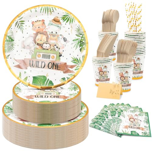 BOODPET 201PCS Jungle Animal Party Tableware for 25 Guests – Safari Disposable Plates, Cups, Napkins with Wooden Cutlery & Name Card – Eco Party Pack for Kids Birthday, Zoo Theme, Picnic