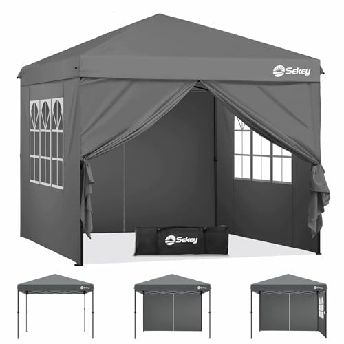 Sekey Pop Up Pavillon 3x3 Wasserdicht Stabil, Faltpavillon 3m x 3m mit Seitenwänden, Partyzelt Faltbar für Camping Party, Stufenlos Höheverstellbar 250 bis 270cm, Premium Serie 3x3, Grau