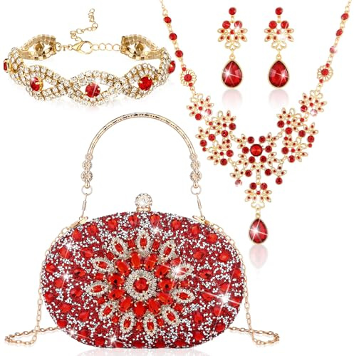 Quelay 4 Pcs Purse Rhinestone Jewelry Set Women,Elegant,Red