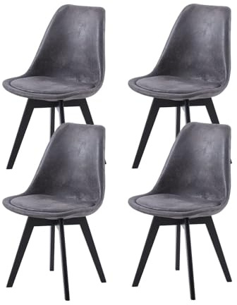 EGGREE 4er Set Esszimmerstühle Gewerbestuhl Skandinavisch Design SGS Geprüfter, Polsterstuhl aus Wildleder Rückenlehne, Küchenstuhl Essstühle mit Schwarz Massivholz Buche Bein, Dunkelgrau