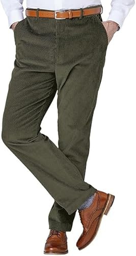 Men’s Corduroy Trousers – Classic Straight Leg Flat Front Cotton Cord Pants – Smart Casual Business Office Work Formal Wear Comfortable Durable Corduroy Bottoms Olive Green 34/29