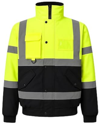 BLOOM BLENDS High Visibility Bomber Jacket Waterproof Reflective Safety Coat – Hi Vis Workwear Winter Jacket with fleece Lining, Waterproof Outer & Removable Hood (UK, M, Yellow/Navy)