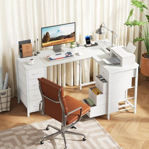 YOUDENOVA Eckschreibtisch,150×100 cm Schreibtisch mit schubladen,Schreibtisch L Form mit Steckdose und USB-Ladeanschluss,Schreibtisch mit stauraum weiß