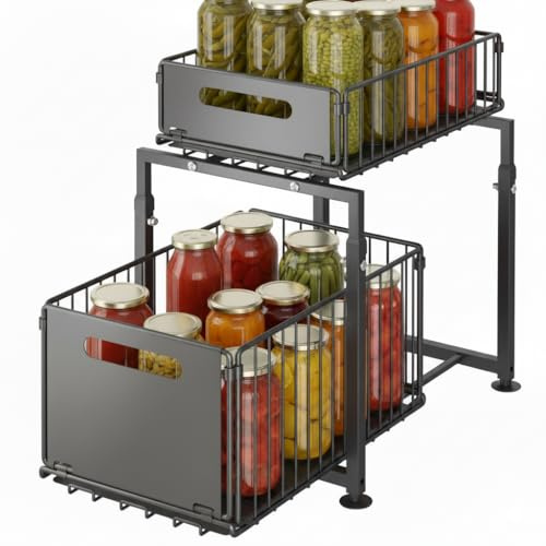 YATMAI Estantería de Cocina, Organizador de Oficina, de pie, Organizador de Cocina, Archivador Oficina - Almacenaje Cocina - Estantería con Dos Cestas Extensibles- Negro con Dos Niveles.