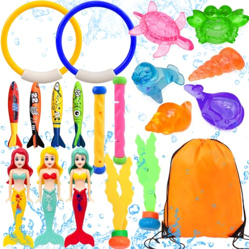 Lubibi 19PCS Diving Pool Toys Set,Swimming Pool Sinkers Toys Set for Kids | with Diving Mermaid, Diving Torpedoes,Storage Bag,Underwater Training Diving Game Toys for Beach Summer Swimming Pool Party