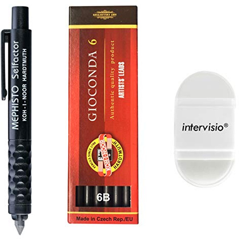 Koh-I-Noor 5301 Mechanischer Fallminenstift 5,6 mm - Kunstoffminenhalter mit Graphitminen Set 4865 6B und intervisio Bleistiftspitzer mit Radiergummi - für Schule, Büro, Schriftsteller, Künstler