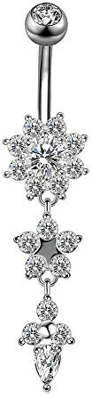 SEniutarm Stainless Steel Belly Button Ring Rhinestone Flower Navel Ring Piercing Jewelry Silver Drill