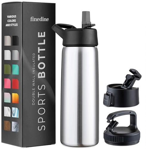 FineDine Triple Walled, Insulated Water Bottles with Straw - 25 Oz Stainless Steel Metal Bottle W/ 3 Leak Proof Lids - For Travel, School, Sports, Gym / Men, Women & Kids - Brushed Stainless Steel