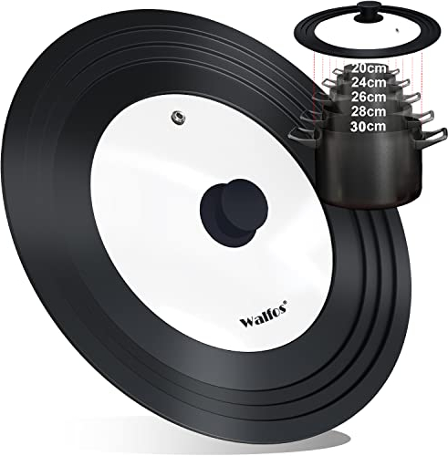Walfos Coperchio universale Ø 30, 28, 26, 24 e 20 coperchi in vetro per pentole, padelle con bordo in silicone graduato, coperchio per padelle e pentole, coperchio resistente al calore