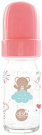 Biberon Régul’Air 110 ml dBb Remond en verre borosilicate - tétine silicone spéciale Nouveau-Né anti-coliques - décor ourson corail