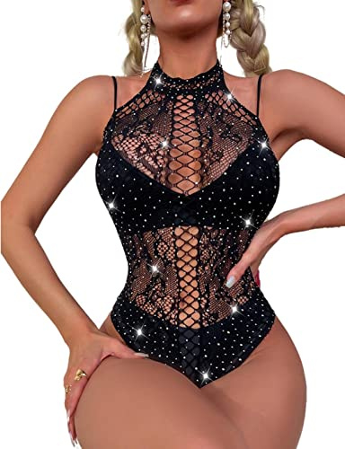 Bommi Fairy Women Clubwear Sleeveless Stretch Mesh See Through Jumpsuit Bodysuit Top Halter Exposed (Black)