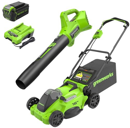 Greenworks Cortacésped inalámbrico sin escobillas de 40 V y 16 Pulgadas + soplador (350 CFM), batería de 4.0 Ah y Cargador incluidos (más de 75 Herramientas compatibles)
