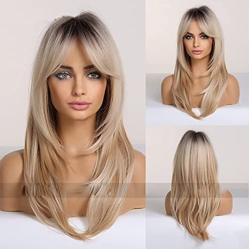 Perücke blond,Perücke Damen 60cm Lange Natürliche synthetische Hochtemperaturfaser-Haarperücke Obere Haarspitzen braun für den täglichen Gebrauch/Verabredungen/Themenpartys