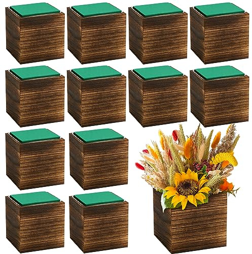 Dandat 12 Set Wood Cube Planter Box Square Wood Vase Rustic Cube Planter Box with Removable Plastic Liner Floral Foam Blocks for Centerpieces Home Wedding Garden Decor, Country Style (Brown)